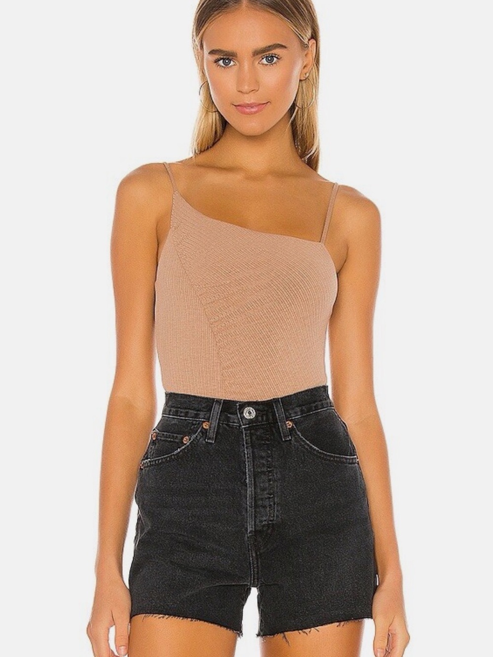 Lovers & Friends Donovan One-Shoulder Nude Knit Tank Top